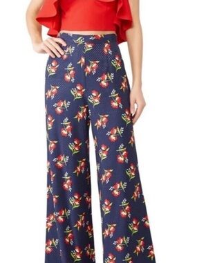 Jill Jill Stuart Navy Blue Floral Clip Dot Wide Leg Pants Large